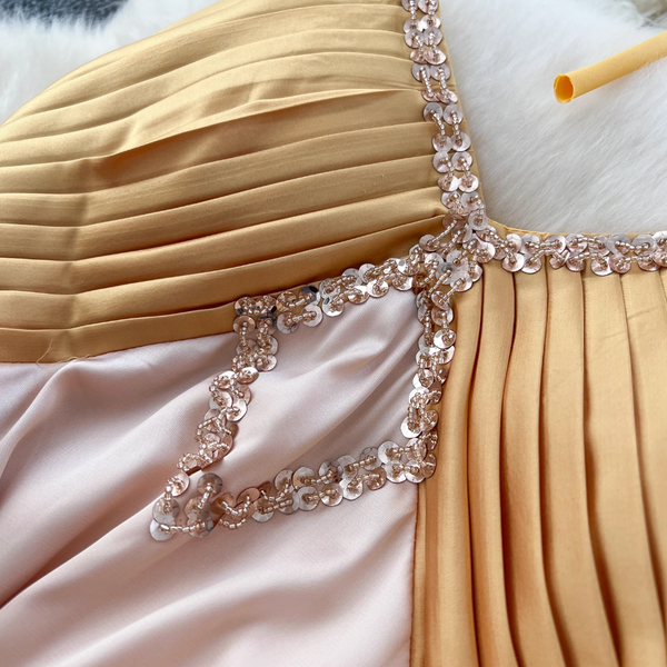 Beaded Patchwork Satin Halter Dress