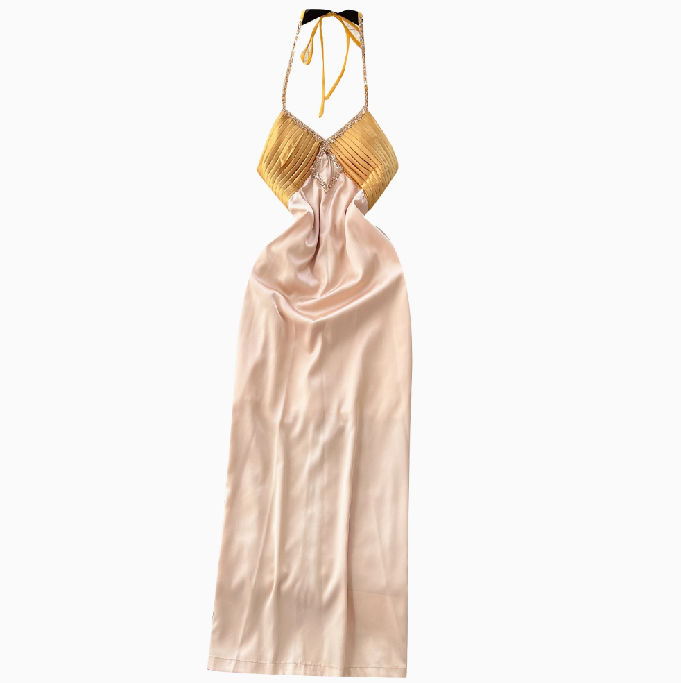 Beaded Patchwork Satin Halter Dress