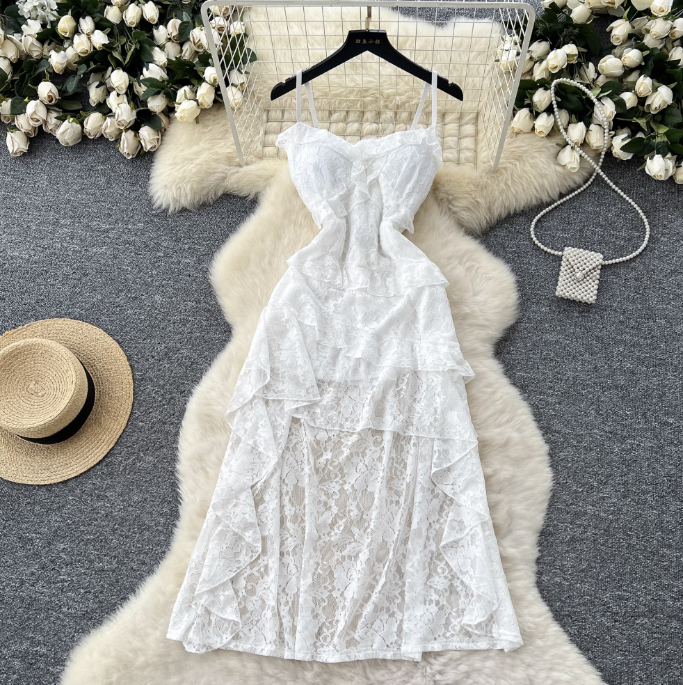 Irregular Design Ruffled Lace Slip Dress