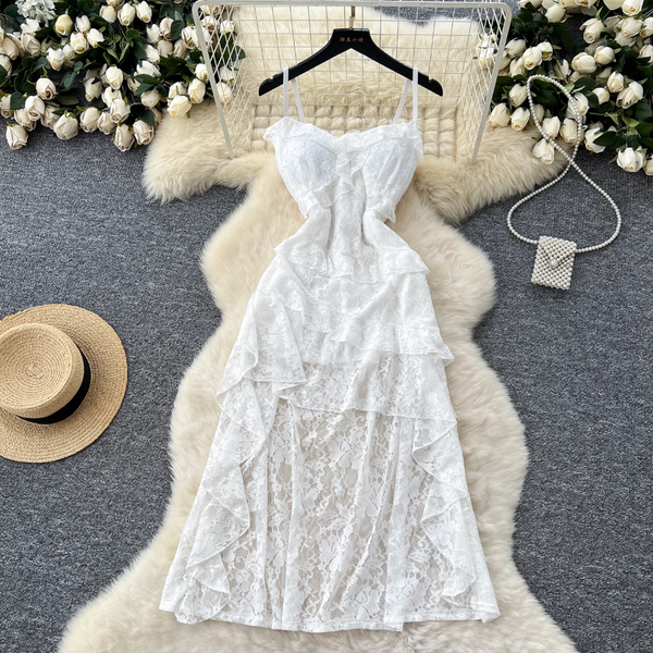 Irregular Design Ruffled Lace Slip Dress