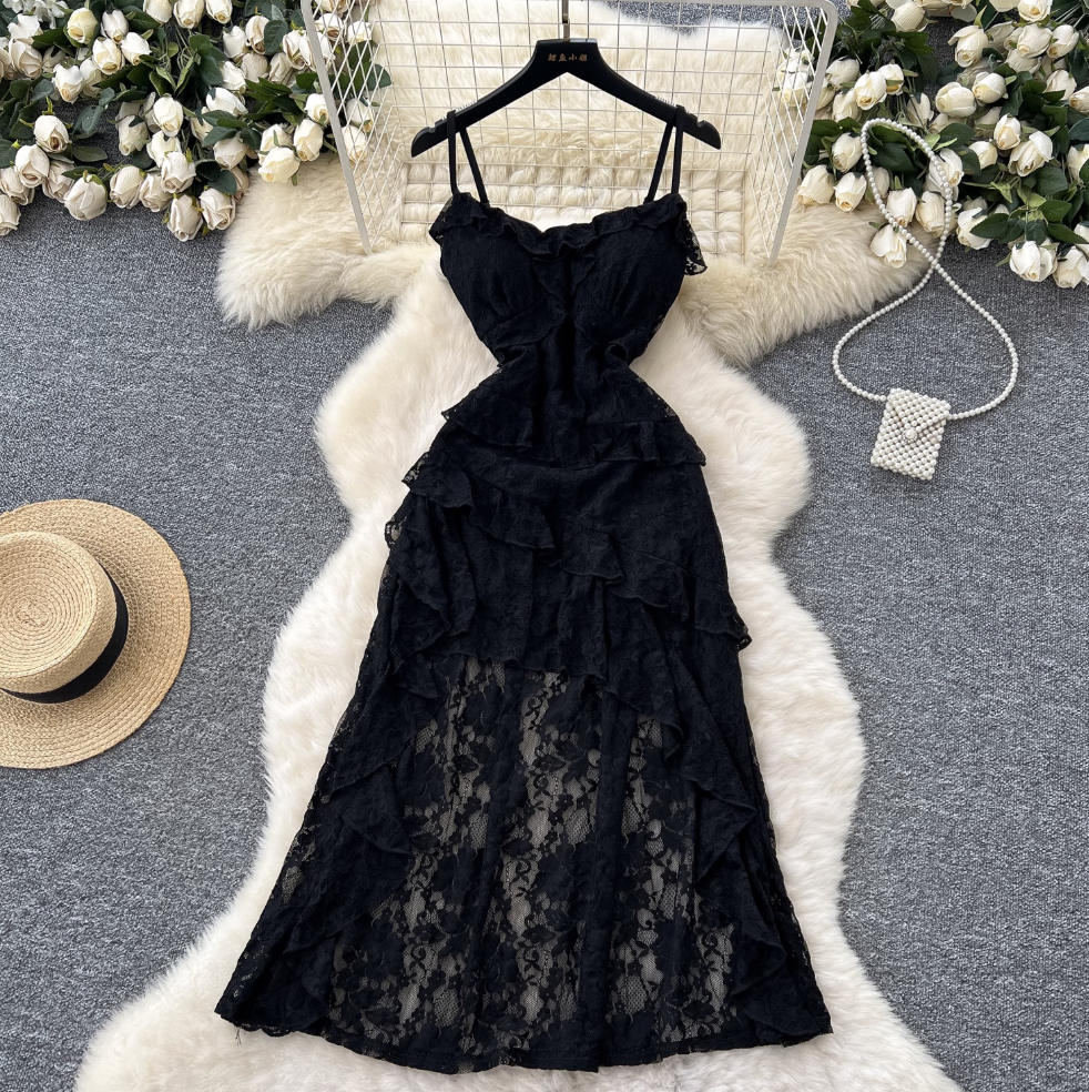 Irregular Design Ruffled Lace Slip Dress