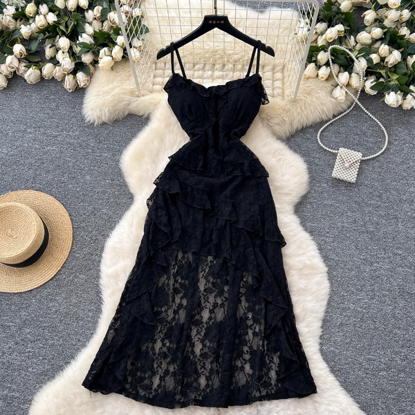 Irregular Design Ruffled Lace Slip Dress