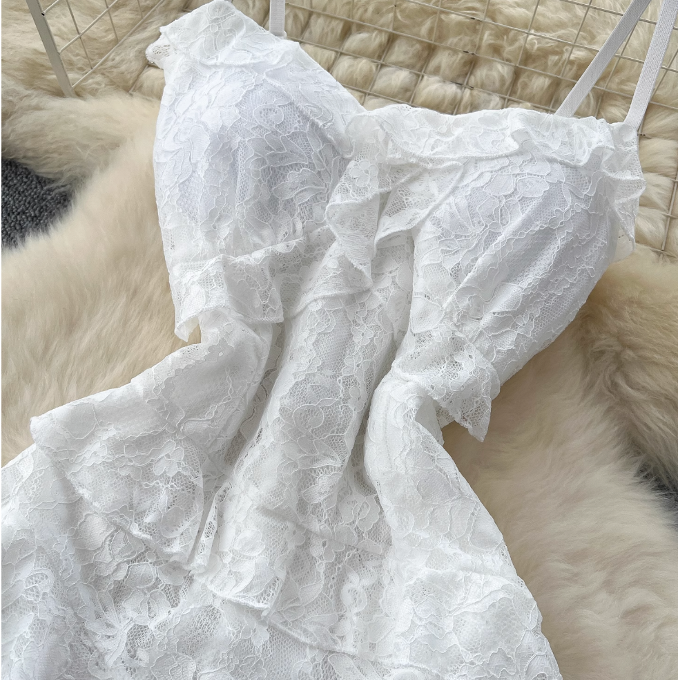 Irregular Design Ruffled Lace Slip Dress