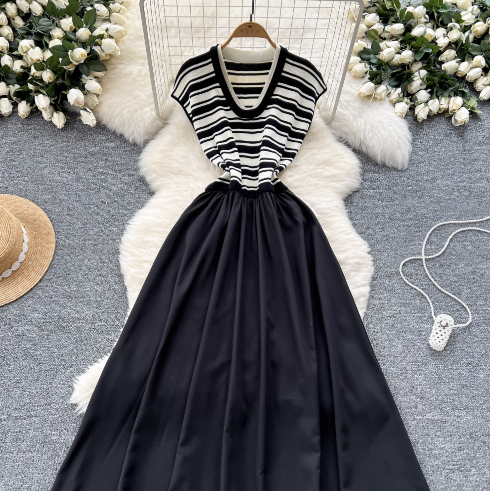 Chic Striped Knit Patchwork Dress
