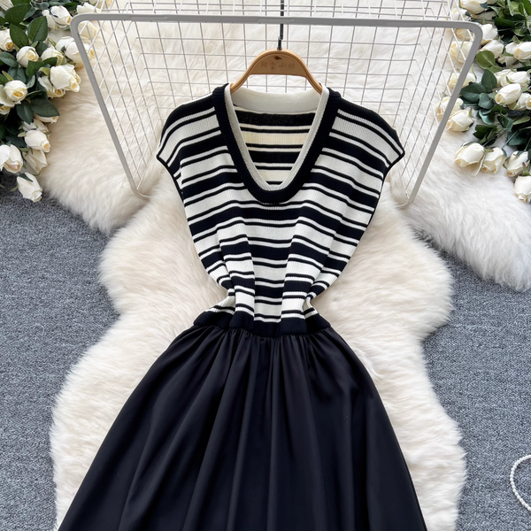 Chic Striped Knit Patchwork Dress