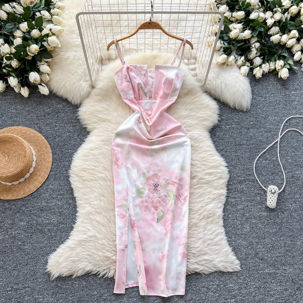 Square Neckline Pleated Floral Dress