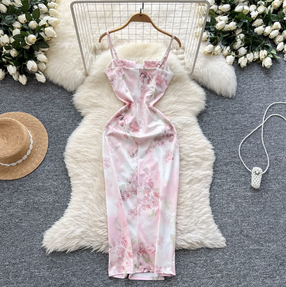 Square Neckline Pleated Floral Dress
