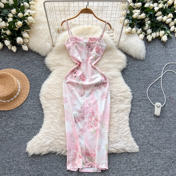Square Neckline Pleated Floral Dress
