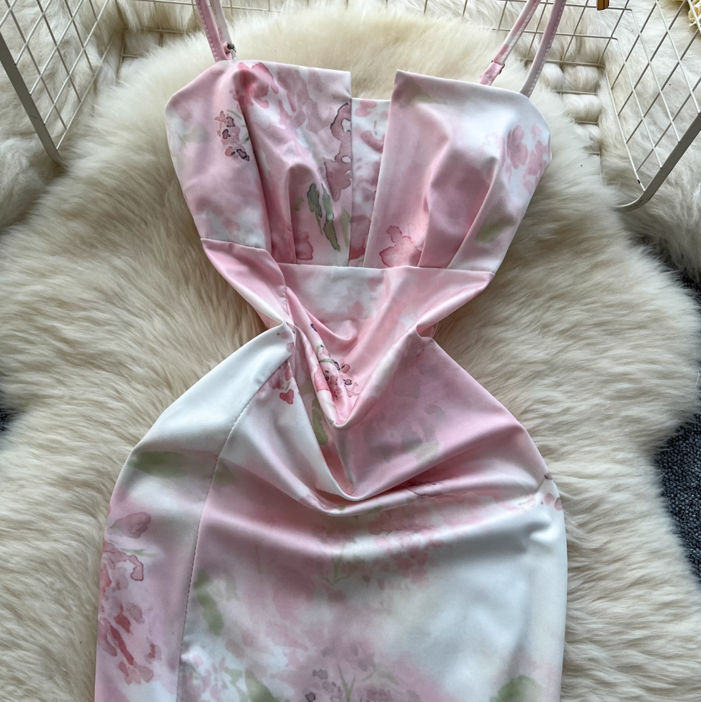Square Neckline Pleated Floral Dress