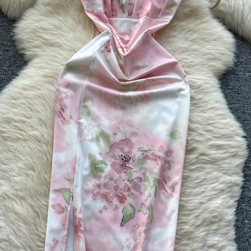 Square Neckline Pleated Floral Dress