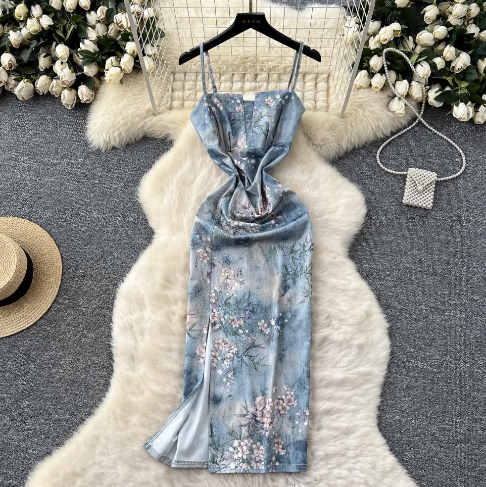 Square Neckline Pleated Floral Dress
