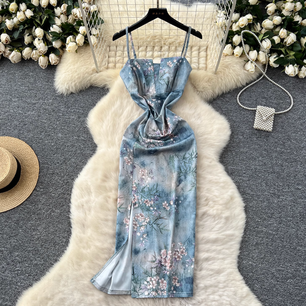 Square Neckline Pleated Floral Dress