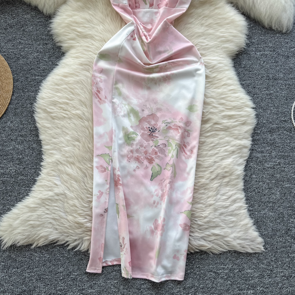 Square Neckline Pleated Floral Dress