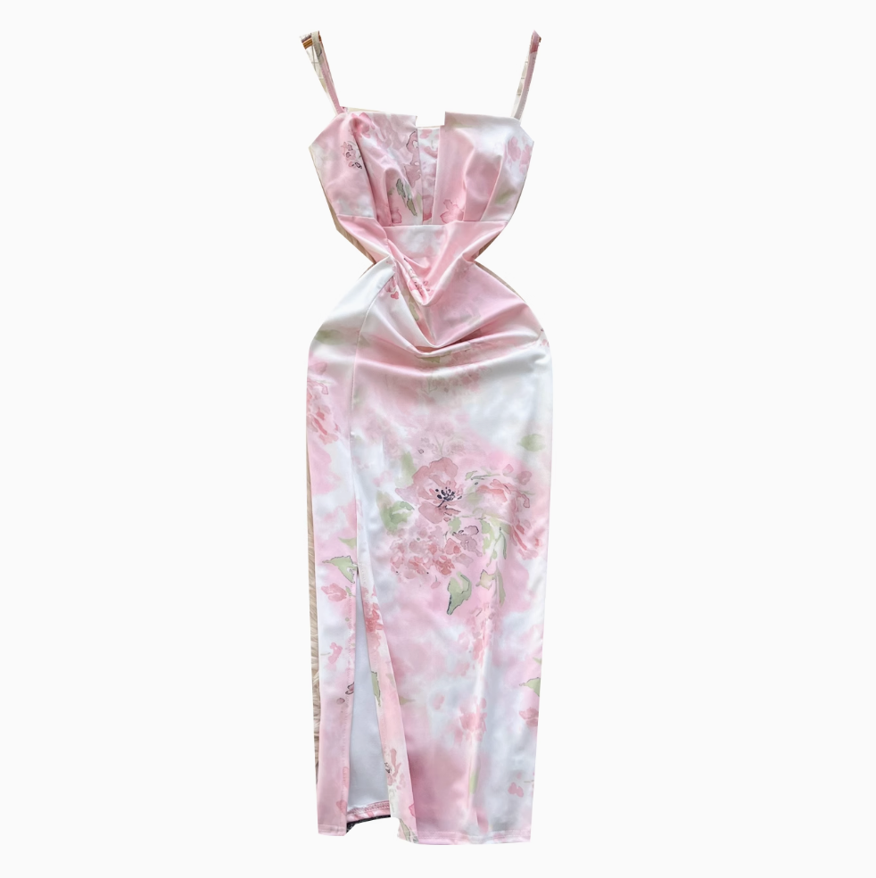 Square Neckline Pleated Floral Dress