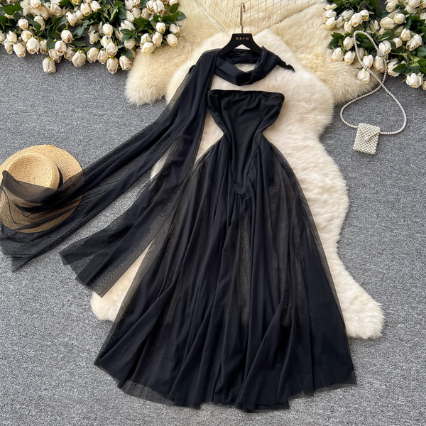 Off-shoulder Black Dress with Ribbon