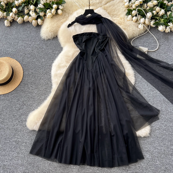 Off-shoulder Black Dress with Ribbon