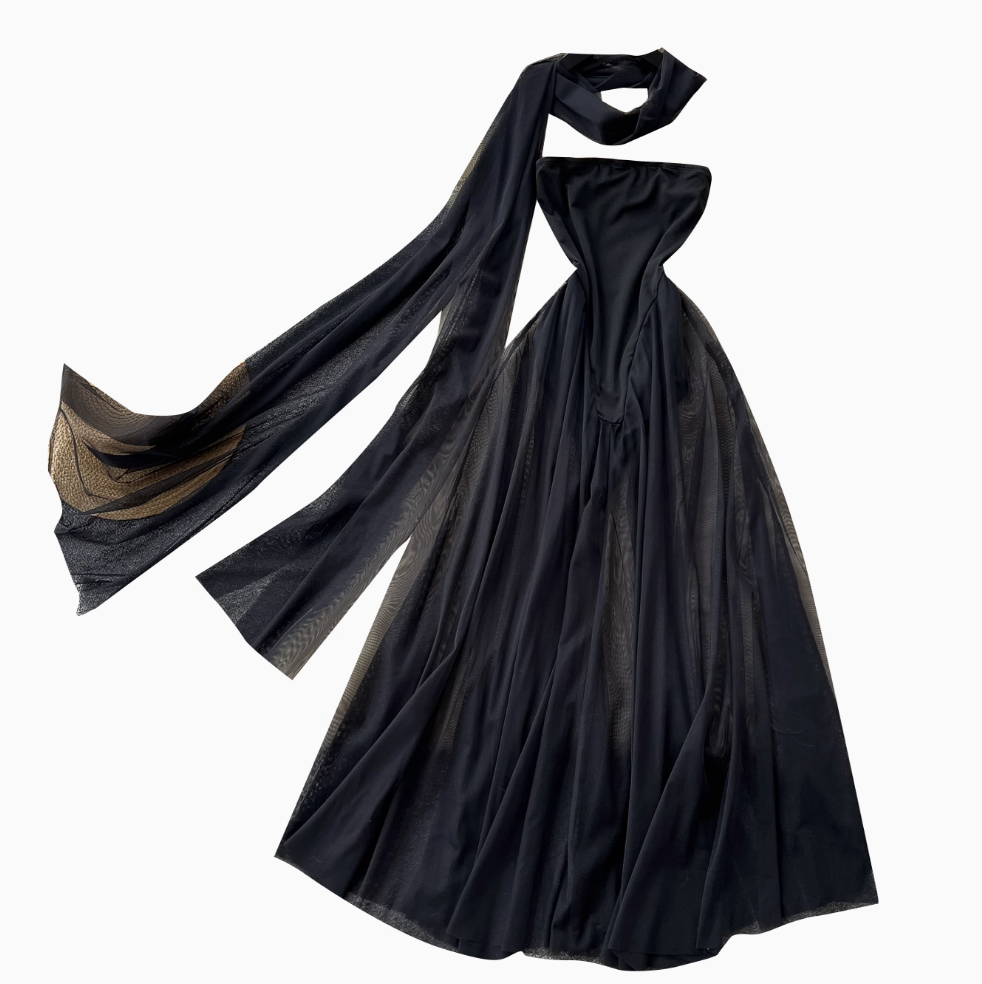 Off-shoulder Black Dress with Ribbon