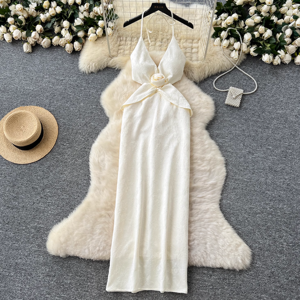Waist Hollowed Apricot Halter Dress