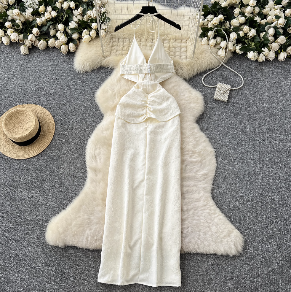 Waist Hollowed Apricot Halter Dress