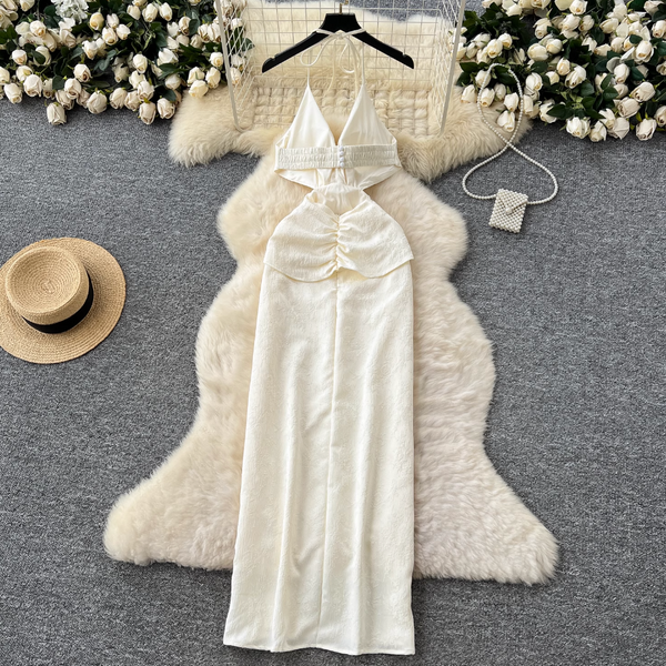 Waist Hollowed Apricot Halter Dress