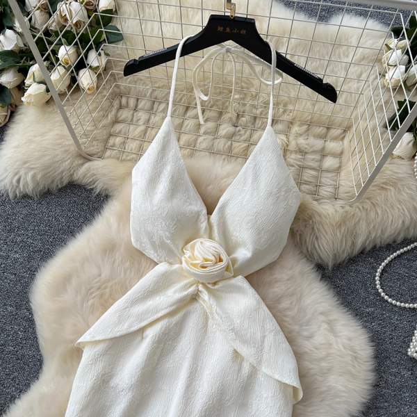 Waist Hollowed Apricot Halter Dress