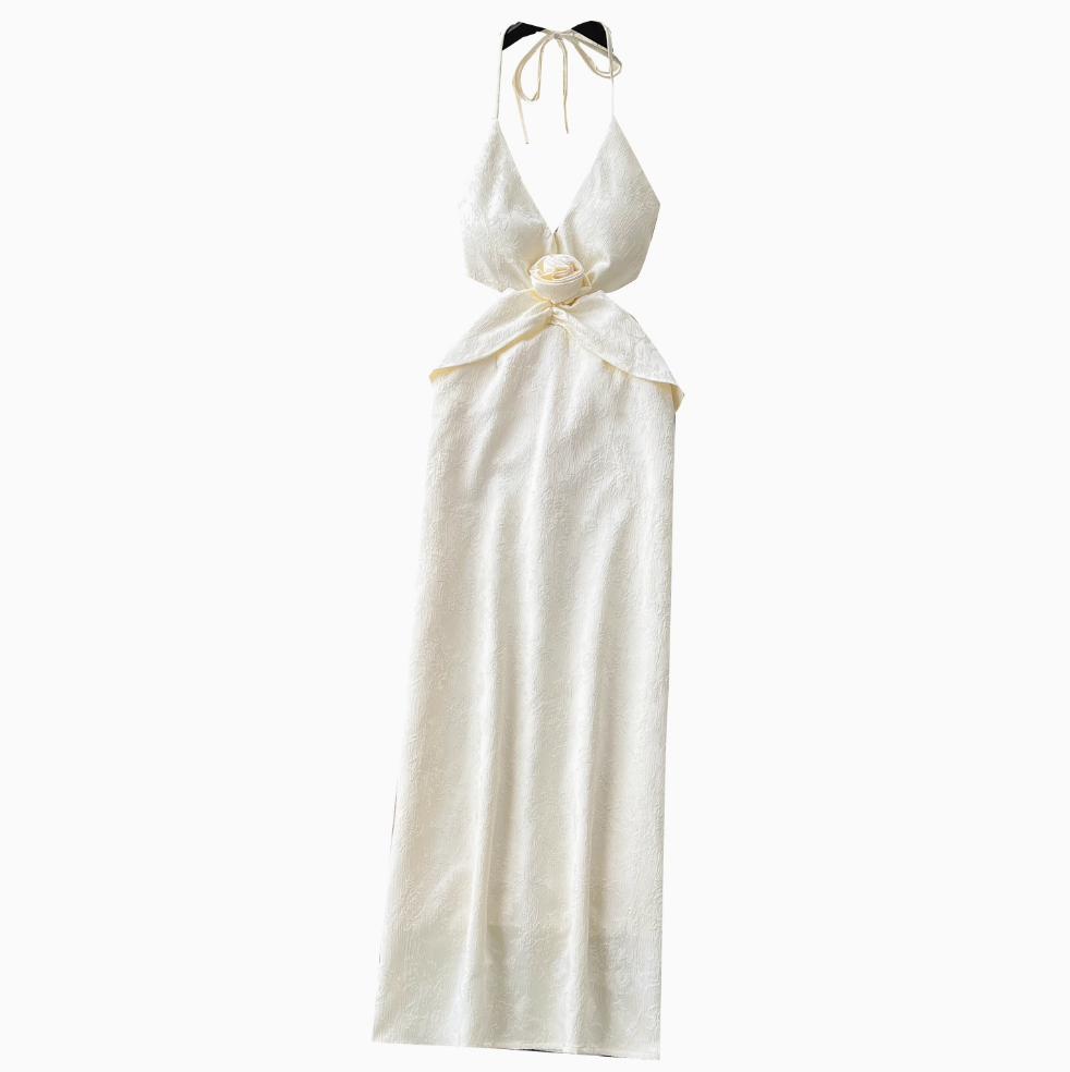 Waist Hollowed Apricot Halter Dress