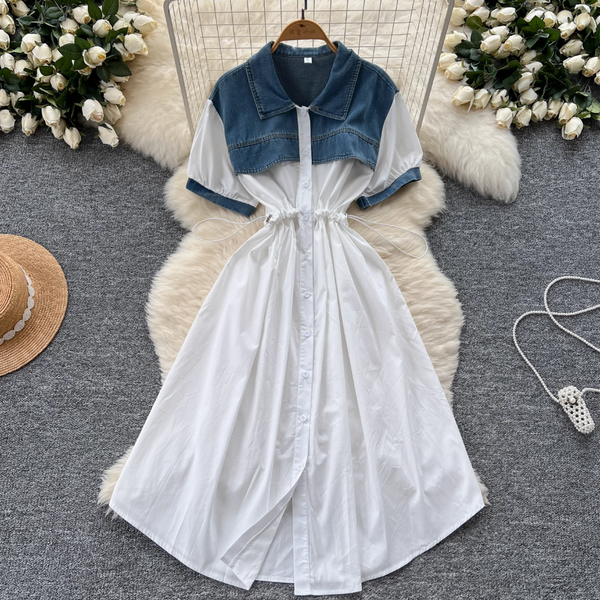 Vintage Denim Patchwork Shirt Dress
