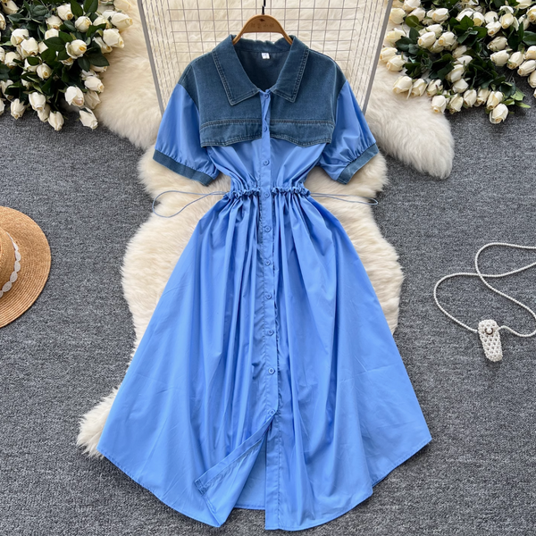 Vintage Denim Patchwork Shirt Dress