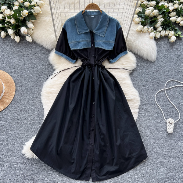 Vintage Denim Patchwork Shirt Dress