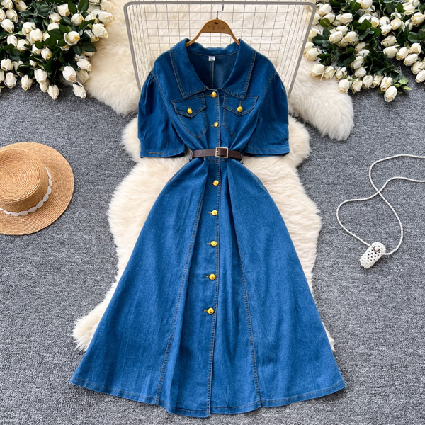 Niche Puffy Sleeve Denim Shirt Dress