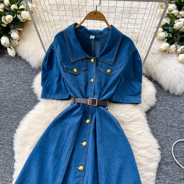Niche Puffy Sleeve Denim Shirt Dress