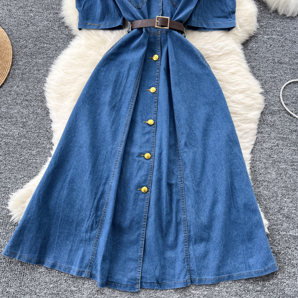 Niche Puffy Sleeve Denim Shirt Dress