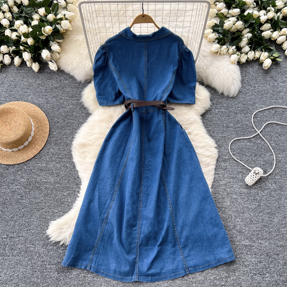 Niche Puffy Sleeve Denim Shirt Dress