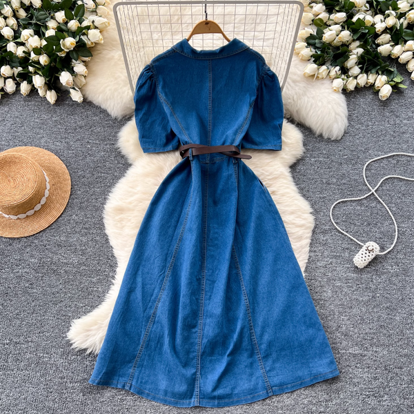 Niche Puffy Sleeve Denim Shirt Dress