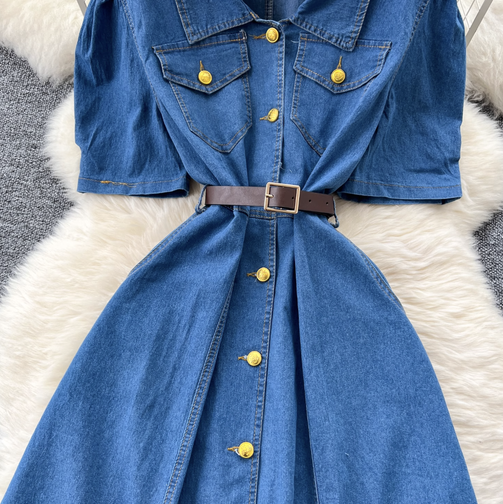 Niche Puffy Sleeve Denim Shirt Dress