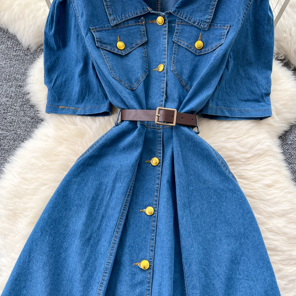 Niche Puffy Sleeve Denim Shirt Dress