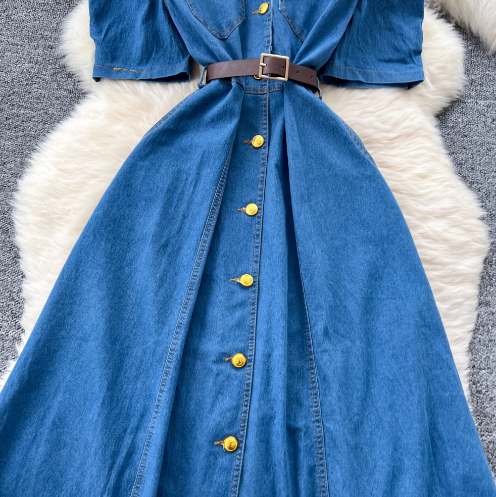 Niche Puffy Sleeve Denim Shirt Dress