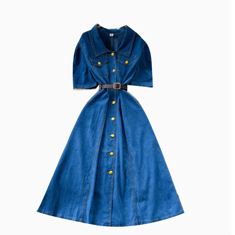 Niche Puffy Sleeve Denim Shirt Dress
