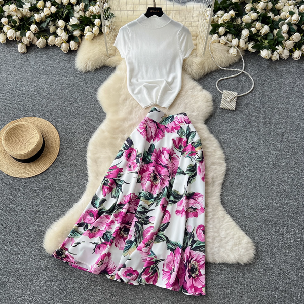 White Knitwear & Floral Skirt 2Pcs
