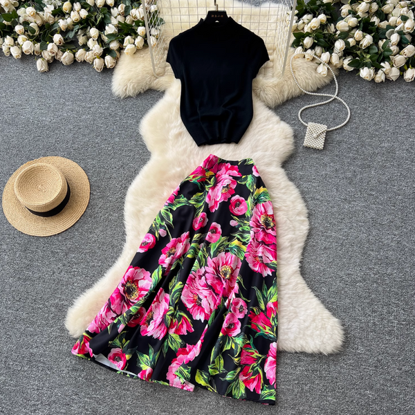 White Knitwear & Floral Skirt 2Pcs