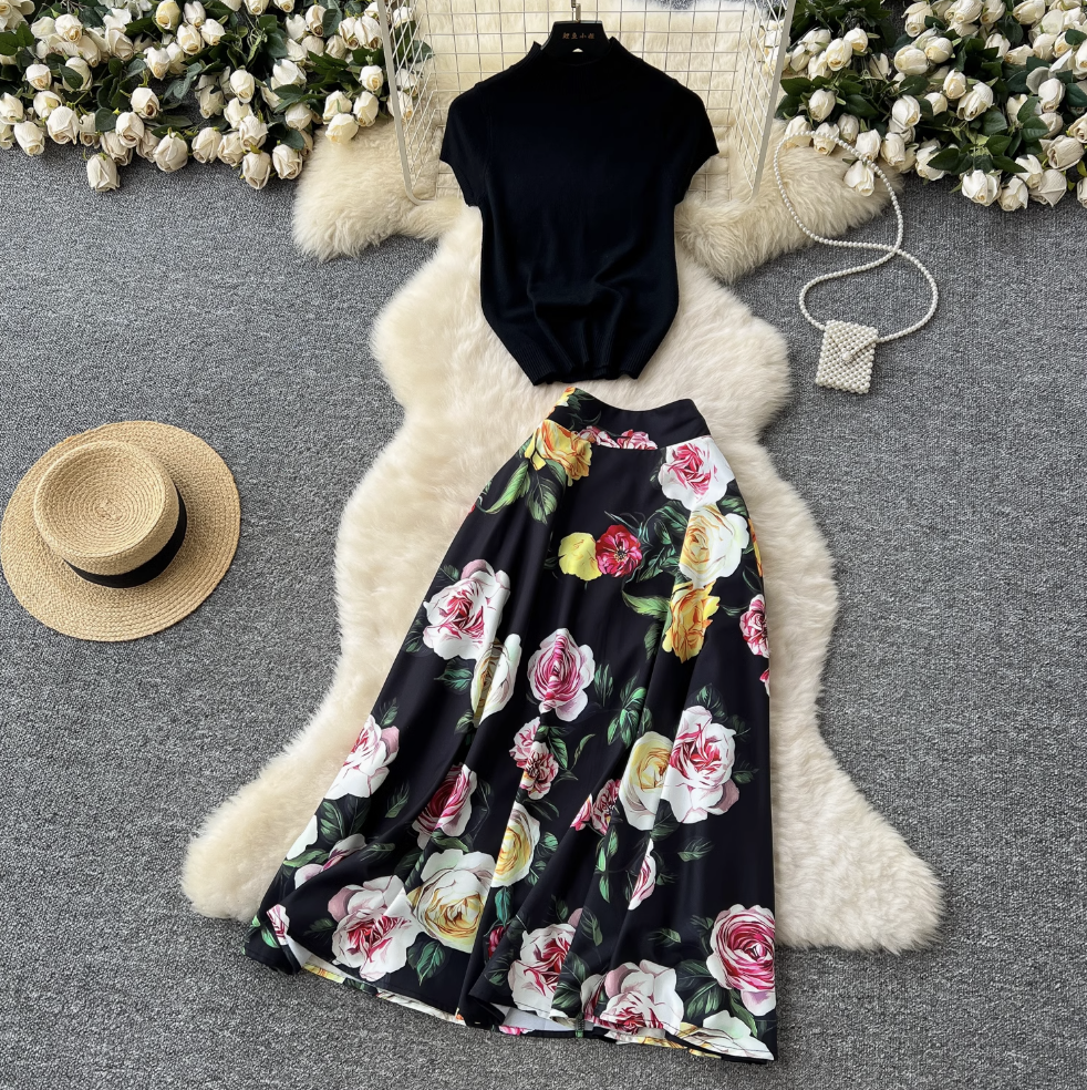 White Knitwear & Floral Skirt 2Pcs