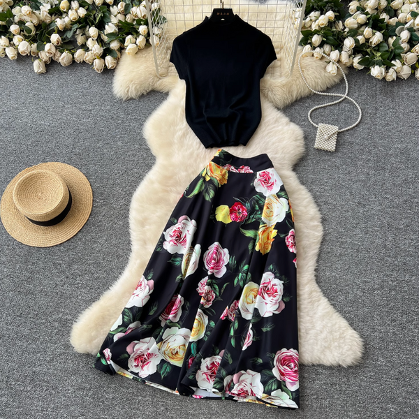 White Knitwear & Floral Skirt 2Pcs