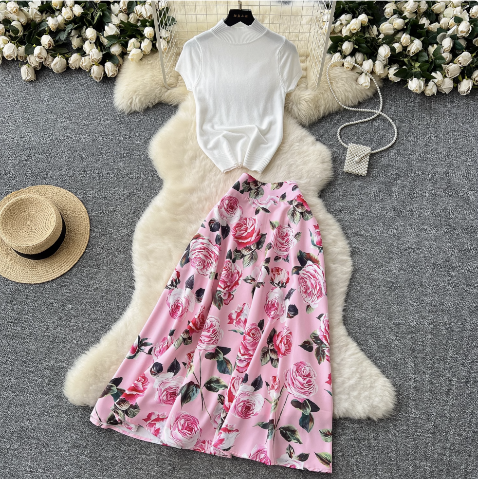 White Knitwear & Floral Skirt 2Pcs