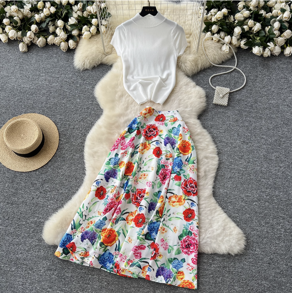 White Knitwear & Floral Skirt 2Pcs