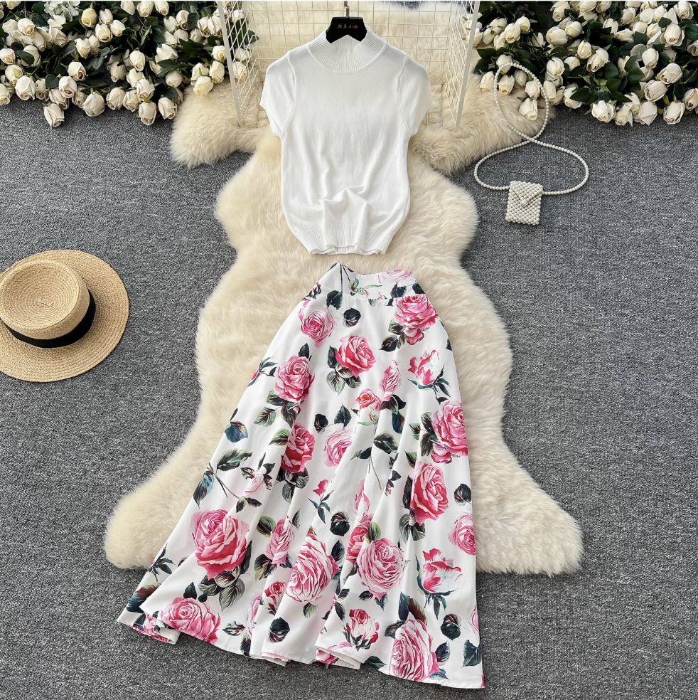 White Knitwear & Floral Skirt 2Pcs