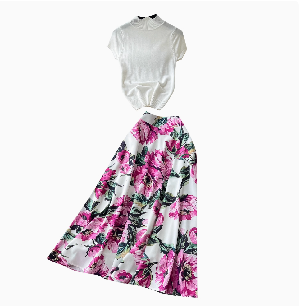 White Knitwear & Floral Skirt 2Pcs
