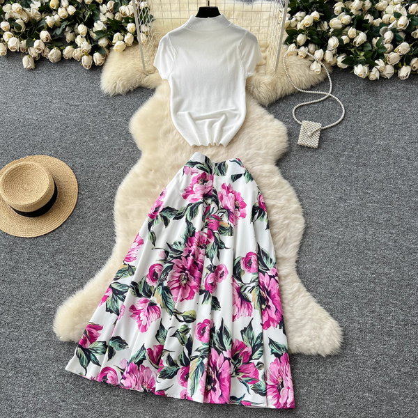 White Knitwear & Floral Skirt 2Pcs