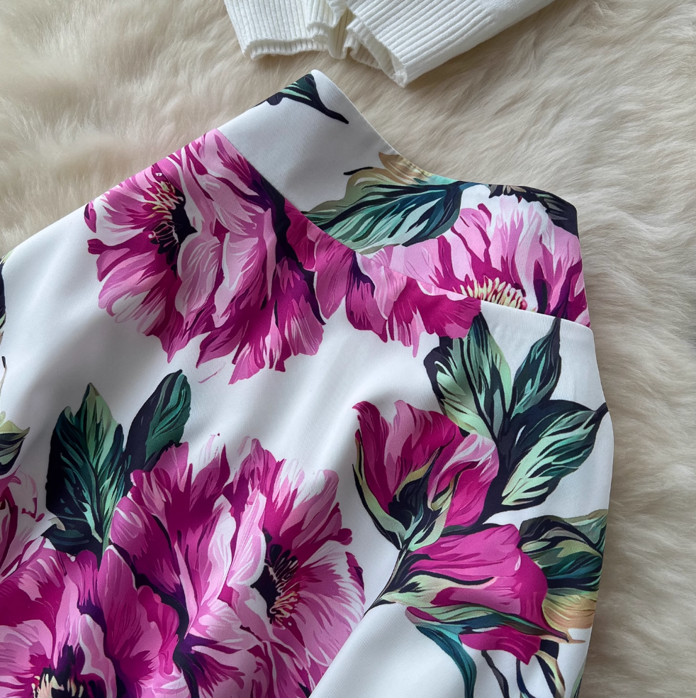White Knitwear & Floral Skirt 2Pcs