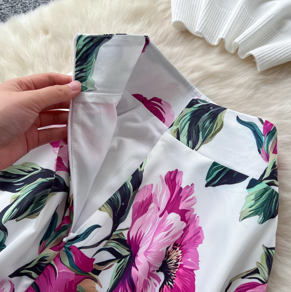 White Knitwear & Floral Skirt 2Pcs
