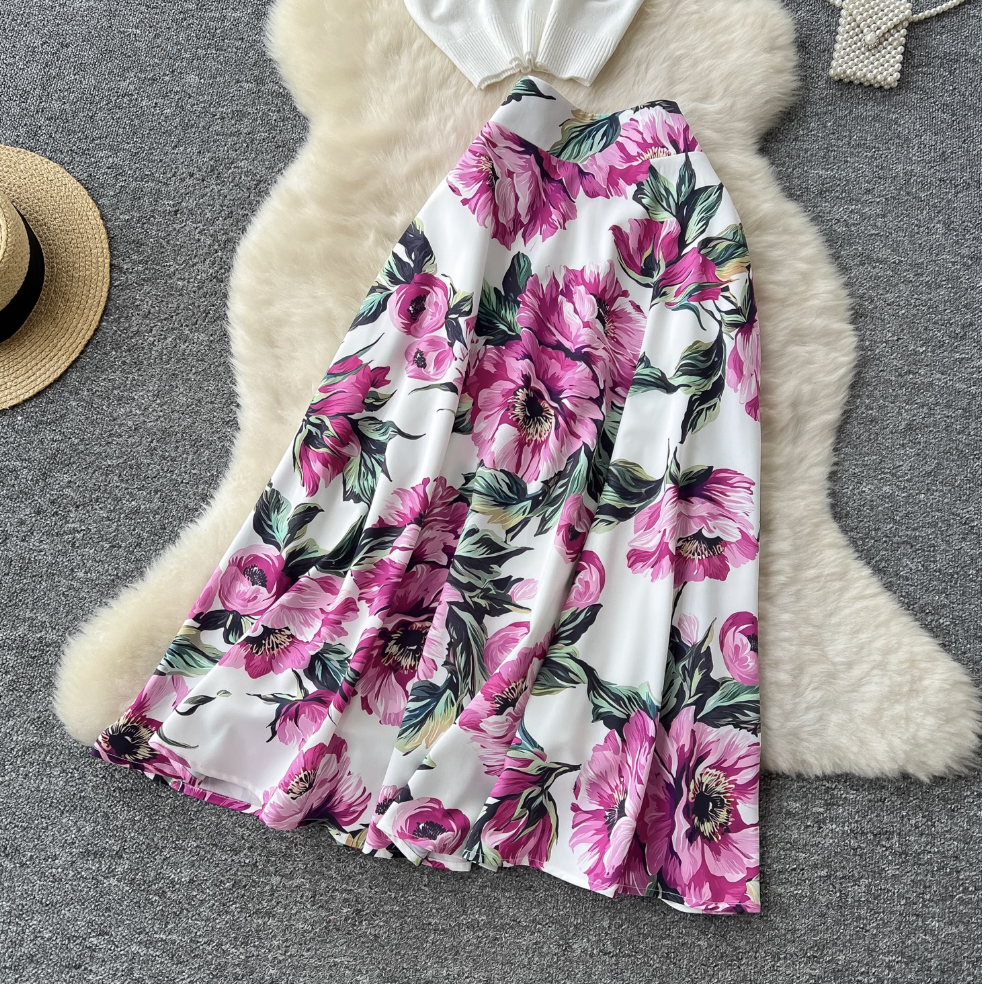 White Knitwear & Floral Skirt 2Pcs